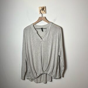 Alya Womens V-Neck Gathered Waist High Low Gray Stripe Shirt size L